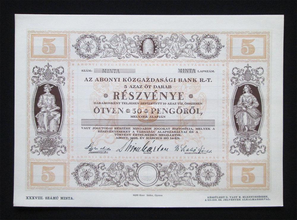 Abonyi Közgazdasági Bank részvény 5x10 pengő 1926 MINTA